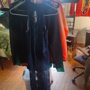 Sleeveless Navy Sequin Lace Maxi Dress